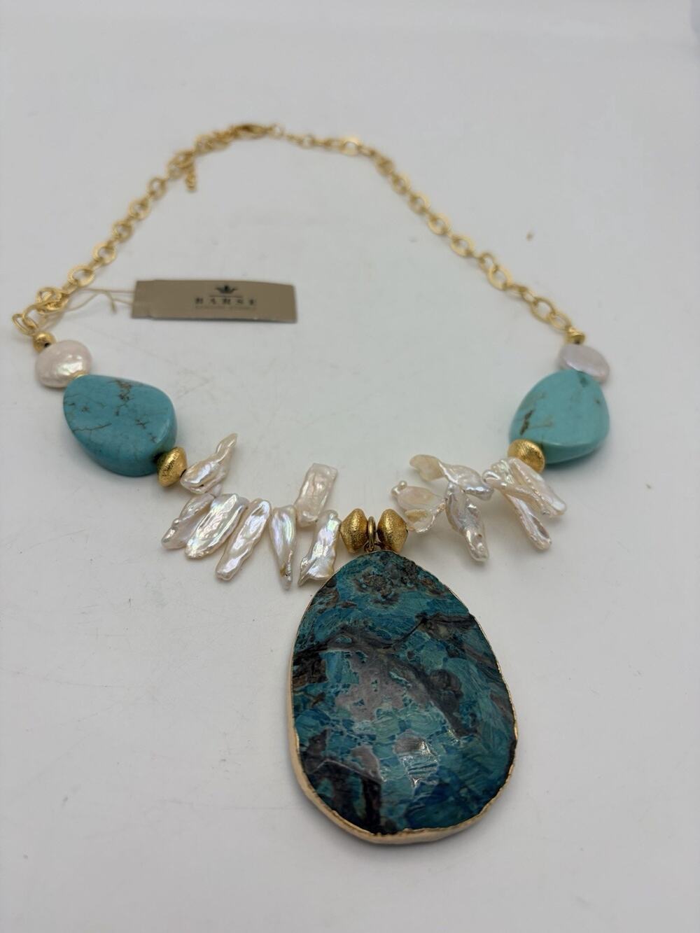 Bares Southwestern Style Statement Necklace. Fresh Water Pearls, Terqoise